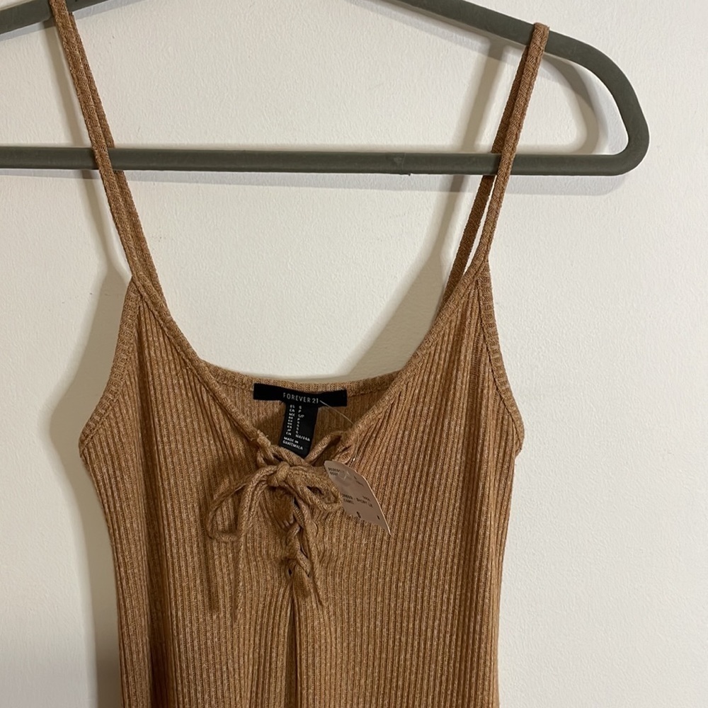 NWT F21 Ribbed Dress Small Camel Tan Tank Mini Lace Jersey Knit Stretch Babydoll - Picture 2 of 14